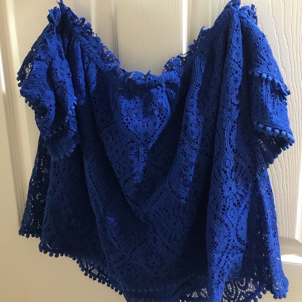 royal blue off shoulder laced blouse